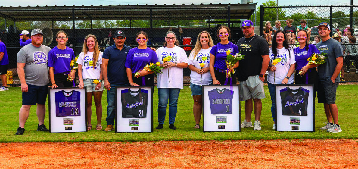 The Mannford Lady Pirate softball team honored their senior athletes during senior night festivities last week. Seniors are, from left, Rosaline Baker; Angela Cortes; Jayden Jenkins and Emma McCrackin. Photo by John Burns