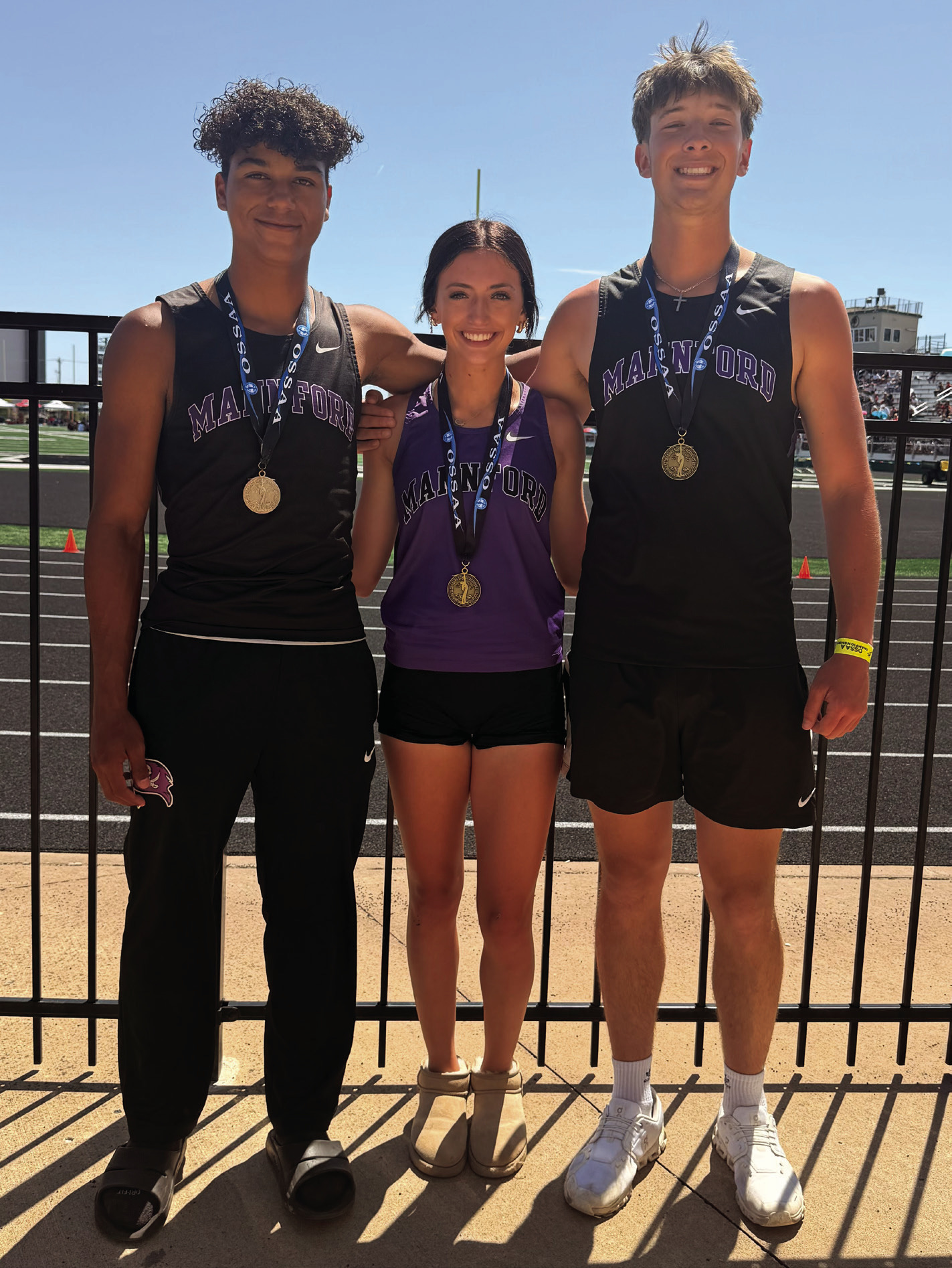 Three Mannford Pirates reached the podium at this years 4A state track meet in Catoosa. From left, Landon Owens, second place high jump, PB 6’4', OK top 25; Madison Hale, third place 300 meter hurdles with PB 47.06, OK top 25; and Max Moore, sixth place, 110m hurdles with a 15.25, PB, school record, and OK top 50.