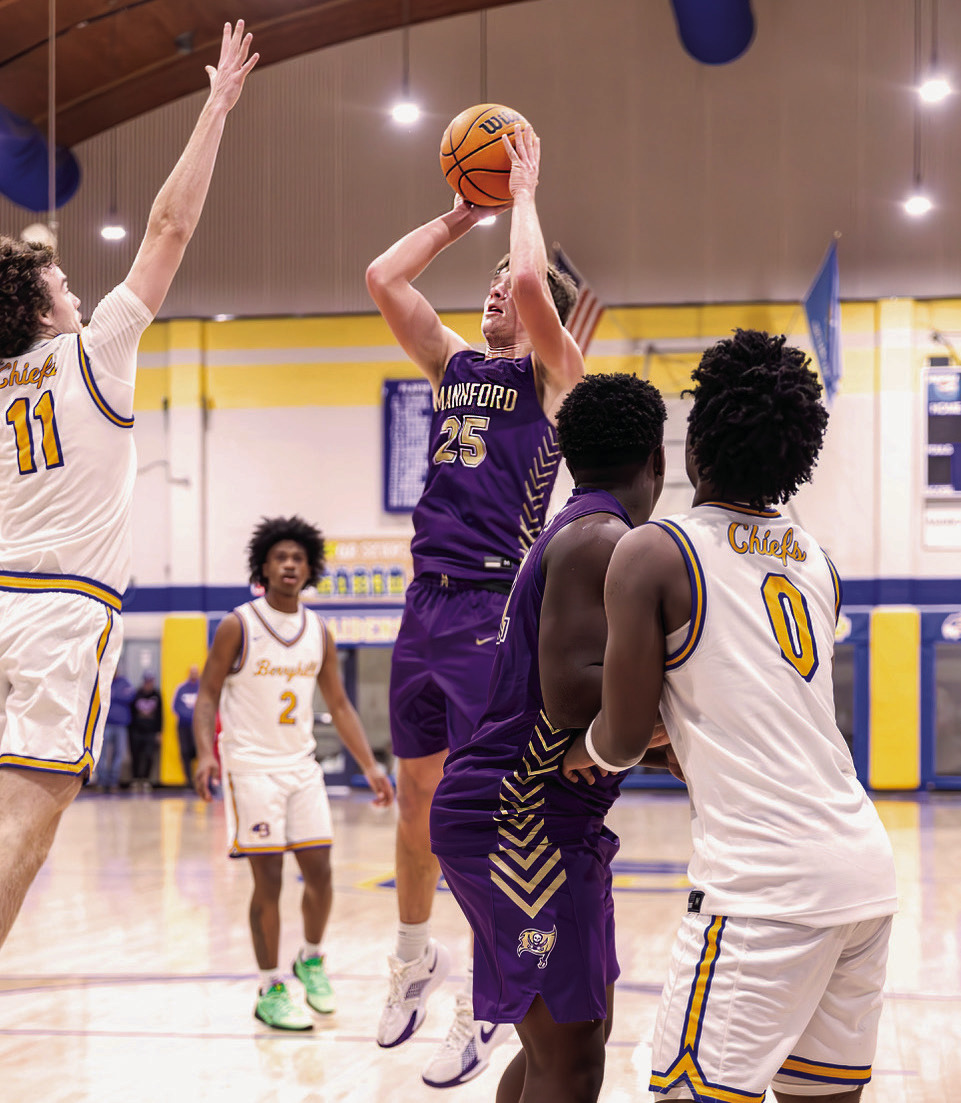Senior Mannford Pirate Max Moore puts up a jumper against the Berryhill Chiefs last week. Berryhill defeated the Pirates 39-41. On Friday, the Pirates hosted Bristow and defeated them, 55-49. Photo by John Burns.