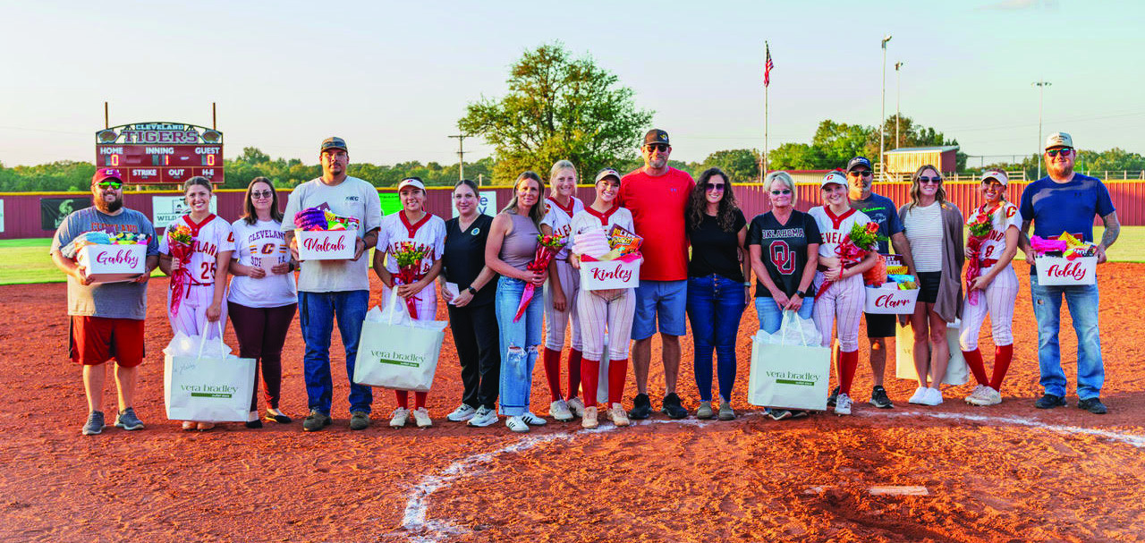 The Cleveland Lady Tigers softball team celebrated their seniors with parents at center stage last week. Pictured from left are, Gabby Smith, Mileah Gillum, Kinley Stiger, Clarr Chasteen and Addy Irving.