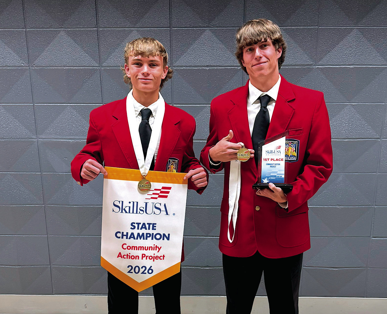 A Central Tech team earned first place during the 2026 Oklahoma State SkillsUSA competition with their Community Action Project recently. Pictured are teammembers Peyton Sims from Mannford and Cayden Lewis from Yale. The team will now move on to compete at the National SkillsUSA contest in Atlanta, GA the week of June 1-5