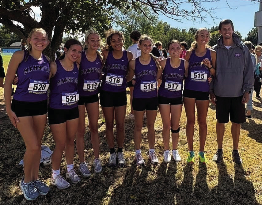 MHS Lady Pirate Cross Country Team from left Karlee Christian, Lyla Barbata, Alyssa McCrackin, Francella Jenkins, Bella Gilbert, Kellyn Collins, Marley Beshear, and coach Nathan Reed
