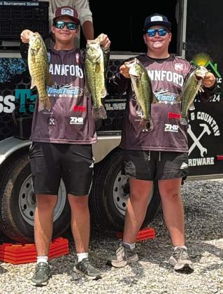 Jake Williams and Grant Porter show off their catch during weigh-in at the state tournament, where their second-place finish helped qualify them for the Strike King Bassmaster High School Championship July 30-Aug. 1 on Kentucky Lake in Paris, Tennessee.