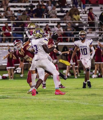 Pirate senior #3 JJ Hindsman gets the interception. Photo by John Burns.