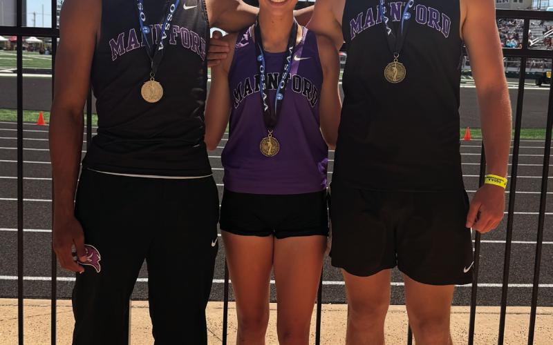 Three Mannford Pirates reached the podium at this years 4A state track meet in Catoosa. From left, Landon Owens, second place high jump, PB 6’4', OK top 25; Madison Hale, third place 300 meter hurdles with PB 47.06, OK top 25; and Max Moore, sixth place, 110m hurdles with a 15.25, PB, school record, and OK top 50.