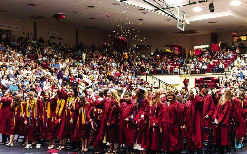 131 Cleveland Tiger graduates celebrate the official end of their high school career in the event center Saturday, May 16. Photo by John Burns