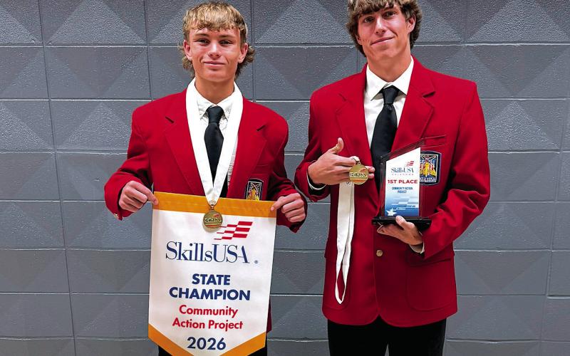 A Central Tech team earned first place during the 2026 Oklahoma State SkillsUSA competition with their Community Action Project recently. Pictured are teammembers Peyton Sims from Mannford and Cayden Lewis from Yale. The team will now move on to compete at the National SkillsUSA contest in Atlanta, GA the week of June 1-5